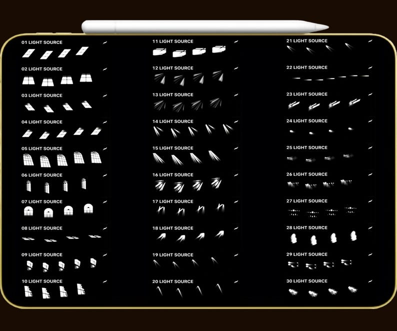 May include: A digital illustration of 30 different light source effects, each labeled with a number and the words "LIGHT SOURCE." The effects are white on a black background, showcasing various beam and glow styles.
