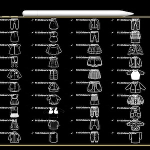 K&ouml;nnte beinhalten: Eine digitale Illustration von Kinderbekleidungsdesigns, darunter Hosen, Kleider, Jacken und Oberteile. Das Bild zeigt einen schwarzen Hintergrund mit wei&szlig;en Strichzeichnungen verschiedener Kleidungsst&uuml;cke, nummeriert von 81 bis 120. Oben befindet sich ein Stift.