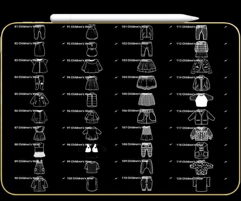 K&ouml;nnte beinhalten: Eine digitale Illustration von Kinderbekleidungsdesigns, darunter Hosen, Kleider, Jacken und Oberteile. Das Bild zeigt einen schwarzen Hintergrund mit wei&szlig;en Strichzeichnungen verschiedener Kleidungsst&uuml;cke, nummeriert von 81 bis 120. Oben befindet sich ein Stift.
