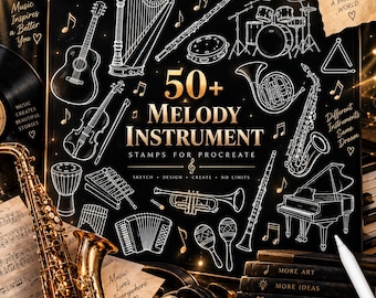Procreate Music & Instrument Sketch Brushes | 52 Stamp Designs | Digital Download
