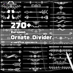 May include: A digital art graphic on a black background, showcasing a variety of white ornate divider stamps for Procreate. The text reads "270+ European Ornate Divider STAMPS FOR PROCREATE". A stylus is visible.