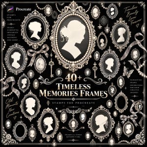 May include: A digital collection of over 40 ornate oval and circular frames featuring white silhouette portraits on a black background. The set includes decorative ribbons, keys, and pearls, with text reading 40+ Timeless Memories Frames.