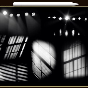 May include: Black and white digital art featuring various light and shadow compositions. The image showcases spotlights, window shadows, and abstract patterns, creating a dramatic and artistic effect. A white stylus is at the top.