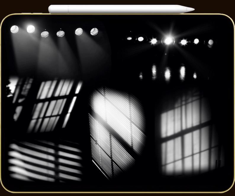 May include: Black and white digital art featuring various light and shadow compositions. The image showcases spotlights, window shadows, and abstract patterns, creating a dramatic and artistic effect. A white stylus is at the top.