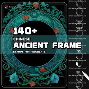 Puede incluir: Gráfico de arte digital con un marco circular turquesa y dorado con detalles florales y el texto "140+ Chinese Ancient Frame Stamps for Procreate". Se muestran diseños de marcos adicionales a la derecha.