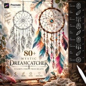 Op de afbeelding: Een digitale Procreate-stempelset met meer dan 80 mystieke dromenvangerontwerpen. De afbeelding toont een zwart-witte lijntekening van een dromenvanger naast een gedetailleerde, kleurrijke dromenvanger met veren, kralen en een maanhanger.