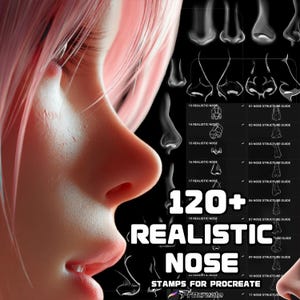 Puede incluir: Una imagen que muestra un perfil de un rostro con cabello rosado, junto con una colección de más de 120 sellos de nariz realistas para Procreate. El texto en la imagen dice "Realistic Nose Stamps for Procreate".