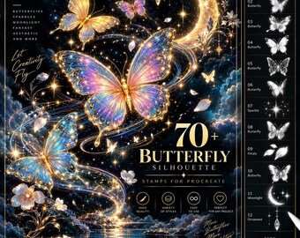 Set met vlindersilhouetpenselen voor Procreate | Elegante kunststempels, insectenclipart en natuurontwerpen | Digitale download