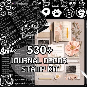 May include: A digital journal decor stamp kit with over 530 stamps. The image features a tablet with various planner stamps, including hearts, cats, and other cute illustrations. The text "530+ JOURNAL DECOR STAMP KIT" is prominently displayed.