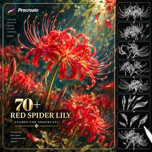 May include: A digital art set for Procreate featuring 70+ red spider lily stamps. The image displays a vibrant red spider lily with water droplets, alongside a vertical panel showing various black and white line art stamp designs of the flower.