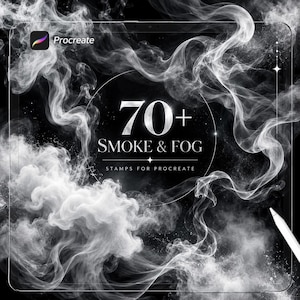 May include: A digital graphic display featuring white swirling smoke and fog patterns on a black background. The text reads 70+ SMOKE & FOG STAMPS FOR PROCREATE, with the Procreate logo in the top left corner and a white stylus in the bottom right.