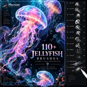 Peut inclure: Un ensemble de pinceaux numériques Procreate comprenant plus de 110 tampons de méduses. L'image montre des méduses lumineuses aux tons roses et bleus flottant dans l'eau sombre, avec une barre latérale listant douze catégories de pinceaux.
