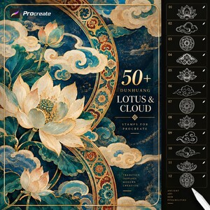 May include: A digital art set for Procreate featuring over 50 Dunhuang lotus and cloud stamps. The image displays a dark blue background with gold-accented lotus flowers and stylized clouds, alongside a sidebar showing twelve white line-art icons.