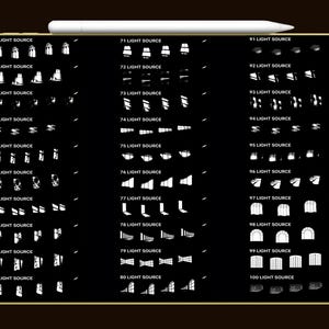 May include: A black digital art graphic with a white stylus at the top. The graphic features various light source illustrations, each labeled with a number and "LIGHT SOURCE" in white text. The illustrations depict different light and shadow effects.