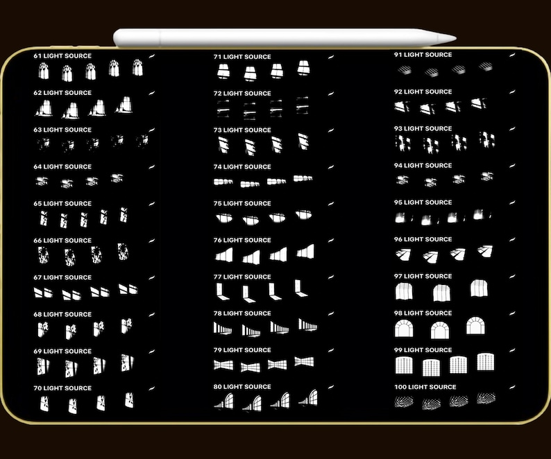 May include: A black digital art graphic with a white stylus at the top. The graphic features various light source illustrations, each labeled with a number and "LIGHT SOURCE" in white text. The illustrations depict different light and shadow effects.