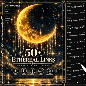 May include: A digital brush set for Procreate titled 50+ Ethereal Links, featuring a large golden crescent moon and starry night sky background. The interface displays twelve white line art brush samples including stars, moons, and chains.