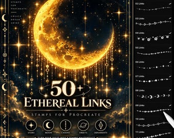 Könnte beinhalten: Ein digitales Pinselset für Procreate mit dem Titel 50+ Ethereal Links, das einen großen goldenen Halbmond vor einem Sternenhimmel zeigt. Die Benutzeroberfläche zeigt zwölf weiße Strichzeichnungen als Pinselbeispiele, darunter Sterne, Monde und Ketten.