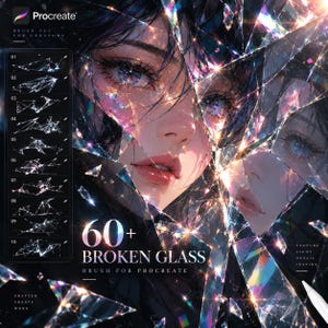 May include: A digital brush set for Procreate featuring over 60 broken glass textures. The promotional image displays a portrait of a person fragmented by sharp, prismatic glass shards that reflect light, alongside a numbered list of ten brush samples.