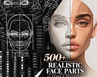 May include: A digital art resource set featuring 500+ realistic face parts stamps and brushes for Procreate. The image displays technical line drawings of facial features, including eyes, lips, and nose structures, alongside a rendered portrait.