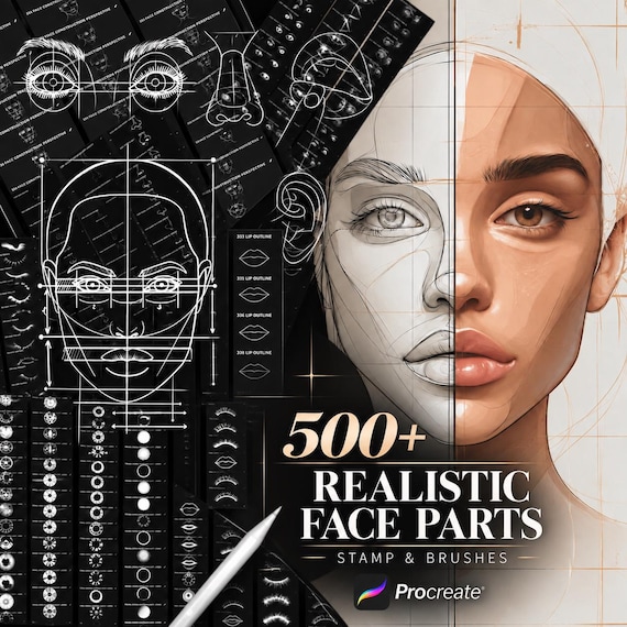 Procreate Face Stamp Brushes | 500+ Realistic Facial Features | Character Portraits & Illustration | Commercial Use | Digital Download