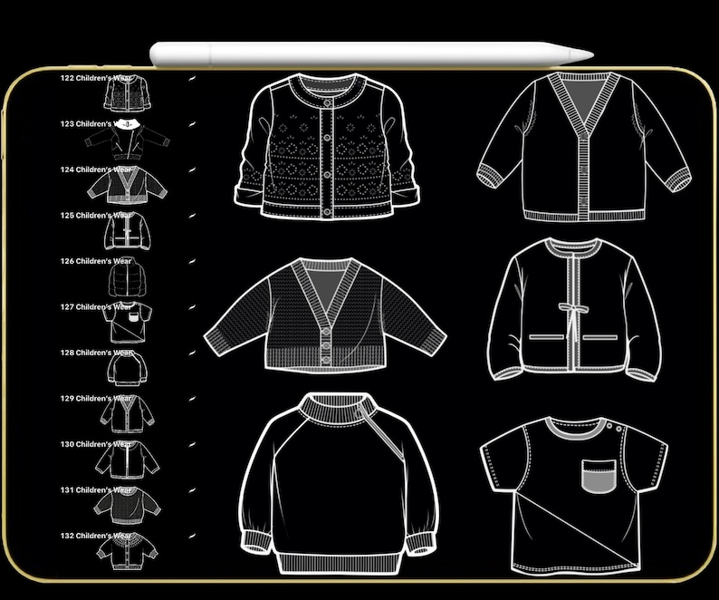 K&ouml;nnte beinhalten: Schwarz-wei&szlig;e digitale Illustration von Kinderkleidung, darunter Pullover, Strickjacken und ein T-Shirt. Die Designs sind wei&szlig; auf schwarzem Hintergrund dargestellt. Der Text "122 Children's Wear" bis "132 Children's Wear" ist ebenfalls enthalten.