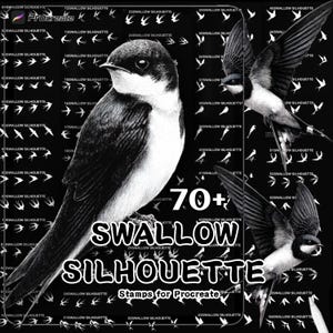 Pode incluir: Ilustração a preto e branco de uma andorinha e uma coleção de silhuetas de andorinhas. A imagem inclui o texto "70+ SWALLOW SILHOUETTE Stamps for Procreate" num fundo preto.