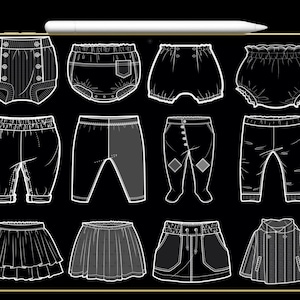 K&ouml;nnte beinhalten: Eine Sammlung von Baby- und Kleinkind-Kleidungsdesigns, darunter Bloomers, Hosen, R&ouml;cke und eine Kapuzenjacke. Die Designs werden in einem technischen Zeichenstil in Schwarz und Wei&szlig; pr&auml;sentiert.