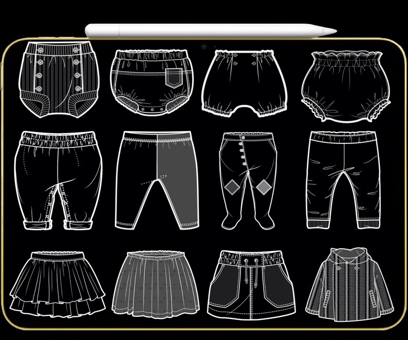 K&ouml;nnte beinhalten: Eine Sammlung von Baby- und Kleinkind-Kleidungsdesigns, darunter Bloomers, Hosen, R&ouml;cke und eine Kapuzenjacke. Die Designs werden in einem technischen Zeichenstil in Schwarz und Wei&szlig; pr&auml;sentiert.