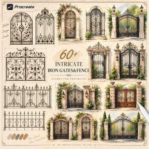 Könnte beinhalten: Eine digitale Sammlung von über 60 Stempeln für schmiedeeiserne Tore und Zäune für Procreate, mit verschiedenen schwarzen Eisen-Designs, architektonischen Skizzen und detaillierten Illustrationen verzierter Eingänge an Steinsäulen.