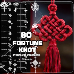 May include: A vibrant red Chinese fortune knot with a long tassel, displayed next to a collection of 80 fortune knot stamps for Procreate. The image showcases various designs and styles of these traditional knots.