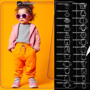 K&ouml;nnte beinhalten: Ein Kind mit rosa Sonnenbrille, grauem Oberteil, rosa Jacke und orangefarbener Hose mit rosa Turnschuhen. Der Hintergrund ist leuchtend gelb. Procreate-Logo oben links. Kleidungskatalog rechts.