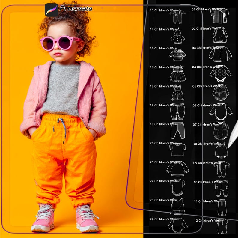 K&ouml;nnte beinhalten: Ein Kind mit rosa Sonnenbrille, grauem Oberteil, rosa Jacke und orangefarbener Hose mit rosa Turnschuhen. Der Hintergrund ist leuchtend gelb. Procreate-Logo oben links. Kleidungskatalog rechts.