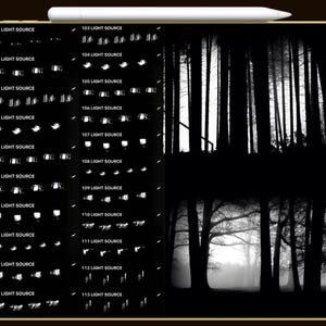 May include: A digital art image featuring a black and white forest scene and a collection of light source illustrations. The illustrations are labeled with numbers and the text "LIGHT SOURCE". A white stylus is at the top.