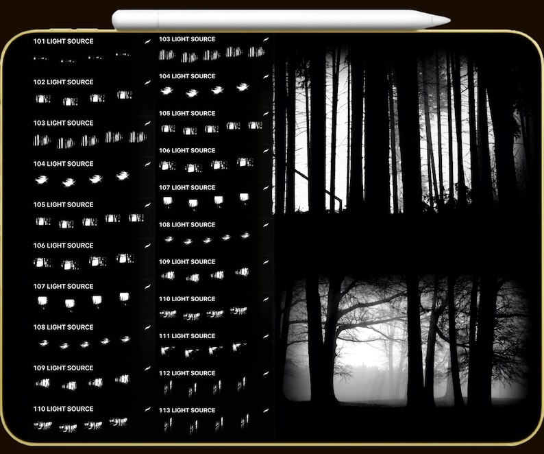 May include: A digital art image featuring a black and white forest scene and a collection of light source illustrations. The illustrations are labeled with numbers and the text "LIGHT SOURCE". A white stylus is at the top.