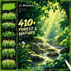 May include: A digital brush set for Procreate featuring 410+ forest and nature brushes. The image displays a vertical sidebar of various green foliage and flower brush strokes next to a lush forest scene with a stream, rocks, and sunlight.