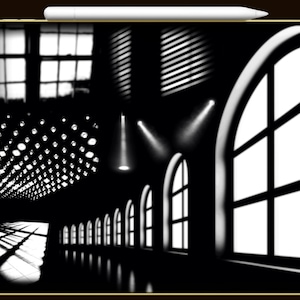 May include: Black and white digital art featuring architectural elements. The image includes arched windows, spotlights, and a grid of lights, creating a dramatic contrast of light and shadow. The overall theme is a modern, minimalist design.