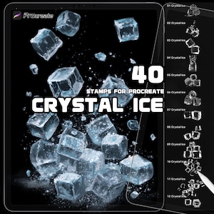May include: Digital art stamps for Procreate featuring 40 crystal ice designs. The image shows various shapes and arrangements of translucent, blue-toned ice cubes against a black background. Text on the image reads "Crystal Ice" and "Stamps for Procreate."