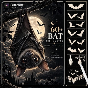 May include: A digital stamp set for Procreate featuring a large, detailed bat hanging from a tree branch against a full moon. The right side displays a vertical panel with over 60 white bat silhouettes and a stylus tip pointing to a stamp selection.