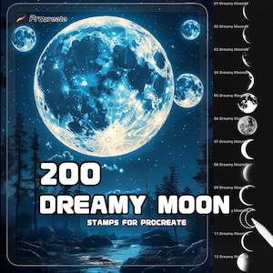 May include: A digital art product for Procreate featuring a dreamy moon theme. The image showcases a large, glowing blue moon with craters, surrounded by smaller moons and a dark, starry landscape. Text reads "200 Dreamy Moon Stamps for Procreate."