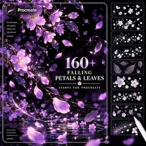 Könnte beinhalten: Ein digitales Grafikset für Procreate mit über 160 Stempeln von fallenden Blütenblättern und Blättern. Das Bild zeigt violette Kirschblüten und Laub vor einem dunklen Hintergrund sowie eine Seitenleiste mit acht Pinselstrichbeispielen.