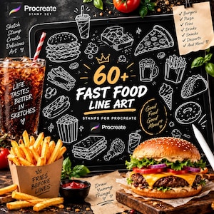 May include: A digital Procreate stamp set featuring 60+ fast food line art illustrations including burgers, pizza, fries, and drinks. The display shows white hand-drawn food icons on a black background with text reading 60+ Fast Food Line Art.