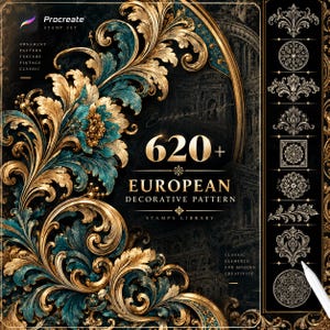 May include: A digital stamp set for Procreate featuring 620+ European decorative patterns. The design displays intricate gold and teal acanthus leaf flourishes on a dark background, with a sidebar showing various monochrome ornamental motifs.