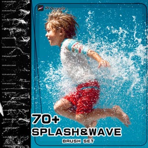 May include: A young person in a white and blue striped shirt and red shorts is captured mid-air, surrounded by a splash of water. The image is set against a vibrant blue backdrop. Text on the image reads "70+ SPLASH&WAVE BRUSH SET."