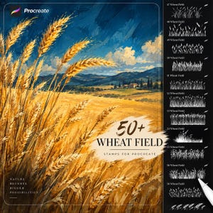 May include: A digital art set for Procreate featuring a landscape of a golden wheat field under a blue sky. The image includes text reading 50+ WHEAT FIELD STAMPS FOR PROCREATE and a sidebar displaying white brush stroke samples of wheat stalks.