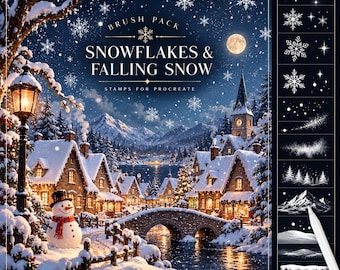 May include: A digital brush pack for Procreate titled Snowflakes & Falling Snow, featuring a winter village scene with a snowman, stone bridge, and snow-covered houses under a full moon, alongside a sidebar displaying various white stamp designs.