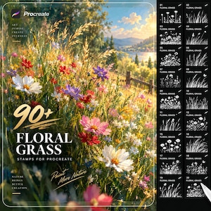 May include: A digital brush set for Procreate featuring over 90 floral grass stamps. The image displays a vibrant meadow with colorful wildflowers and tall grasses, alongside a sidebar showing black and white brush stroke previews.