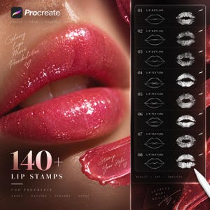 May include: A digital brush set for Procreate featuring 140+ lip stamps. The image displays glossy pink lips, a smear of pink lip gloss, and a menu showing eight numbered lip outline and texture stamp options with a white stylus pen at the bottom.