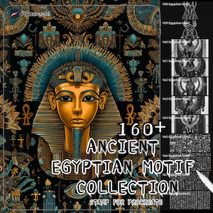May include: Digital art collection featuring over 160 ancient Egyptian motifs. The image showcases a golden pharaoh with a turquoise headdress, surrounded by intricate hieroglyphic designs. The text reads "160+ Ancient Egyptian Motif Collection" and "Stamp for Procreate."