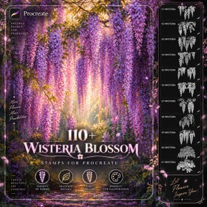 May include: A digital collection of 110+ Wisteria Blossom stamps for Procreate, featuring a vibrant purple floral background. The image displays a sidebar with numbered white line art examples of wisteria branches and trees, labelled 51 through 61.