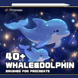 Dolphin and Baby Whale Line & Silhouette Brushes for Procreate | Cartoon Ocean Animals | Perfect for Kids’ Illustrations | Digital Download